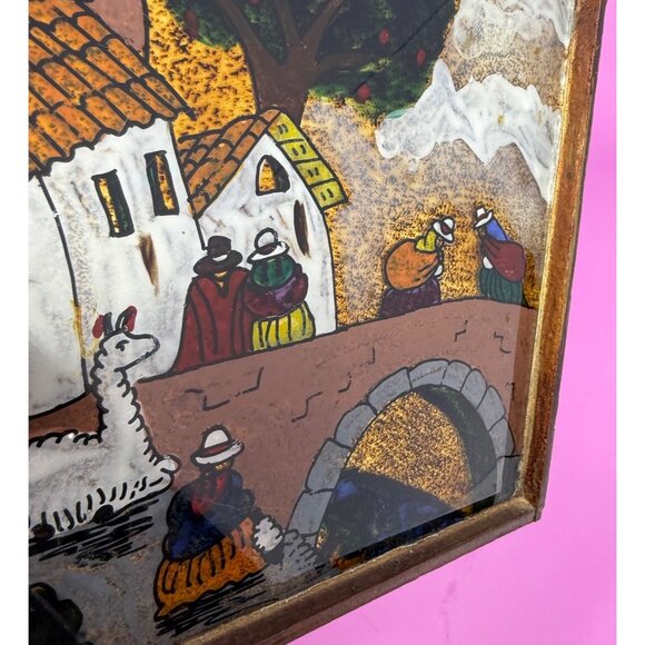 Small Vtg Peruvian Reverse Glass Art Painting Adobe Village Rustic Peru Folk Art - Picture 3 of 4